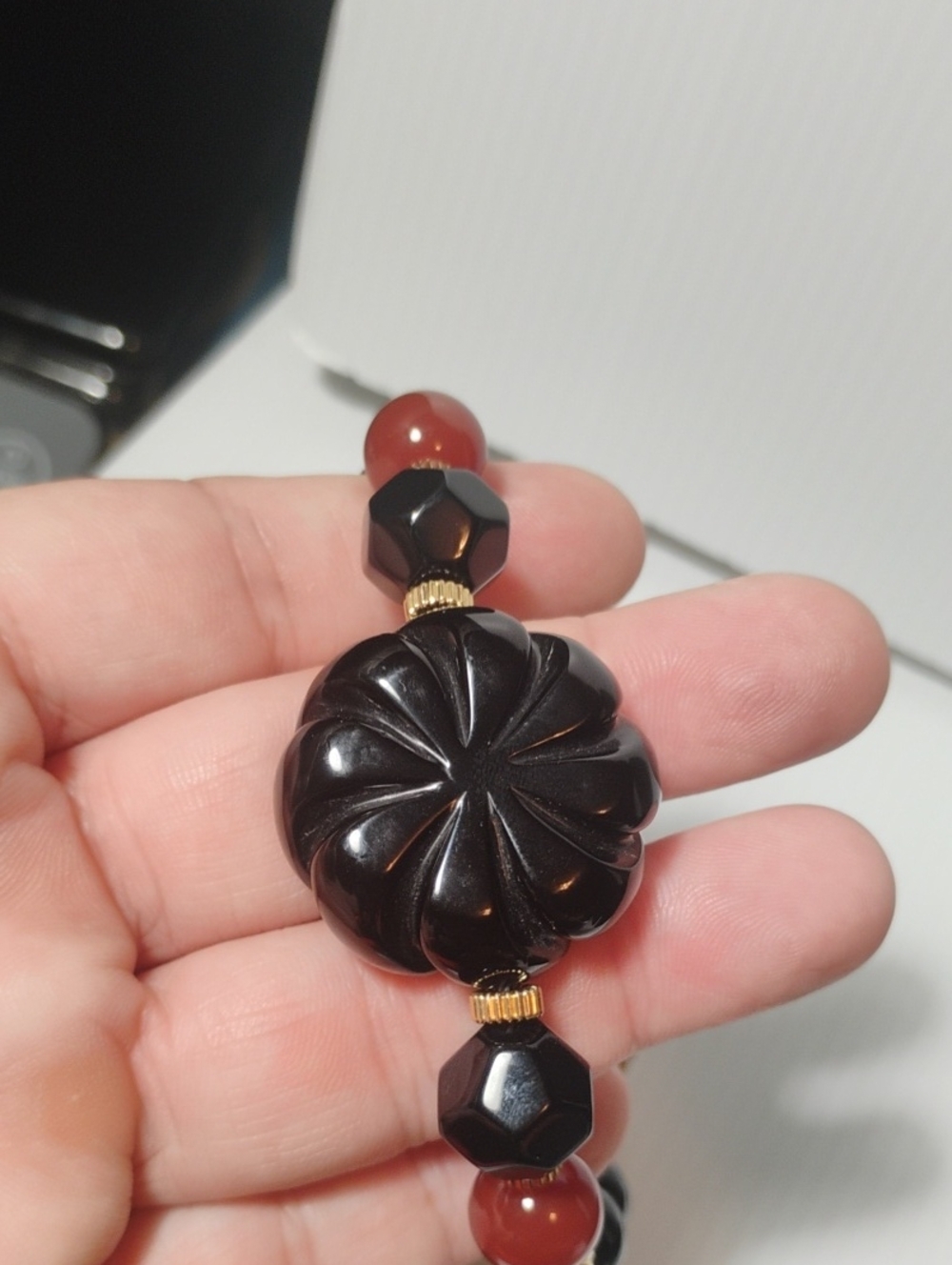 Black Onyx Gold & Carnelian Beaded Vintage Necklace 38" Total length - Picture 4 of 6